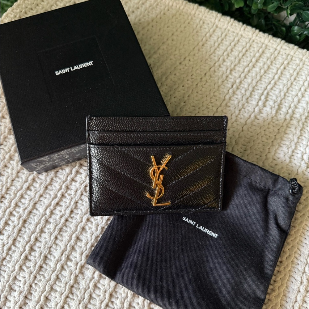 Saint Laurent YSL Black Card Holder with Gold Logo Authentic